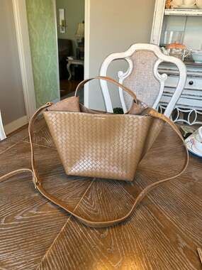 House of Harlow 1960 Tan Woven Faux Leather Top Handle Crossbody Bag